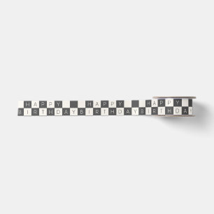 'Happy Birthday' Beige Black Minimalist Checkers Satin Ribbon