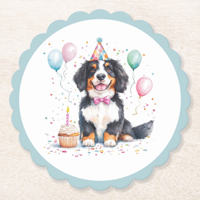 Happy Birthday Bernese Mountain Dog Paper Coaster (Front)