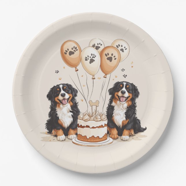Happy Birthday Bernese Mountain Dogs Paper Plate (Front)