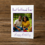 Happy Birthday Best Girlfriend Ever Photo Holiday Card<br><div class="desc">Celebrate your favourite girl with this heartfelt personalised birthday card! Featuring the phrase "Best Girlfriend Ever" in playful script above a custom photo, this design adds a sweet and personal touch to her special day. The rich purple customisable border and matching “Happy Birthday” message create a cheerful, romantic tone —...</div>