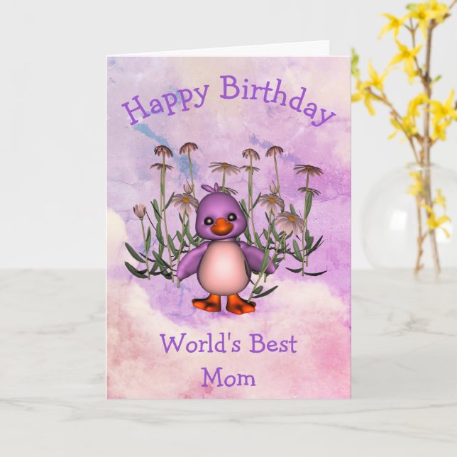 Happy Birthday Best Mum Cute Bird Card (Yellow Flower)