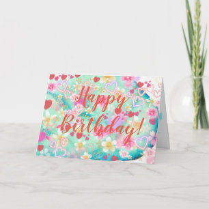 Happy Birthday Best Wishes Flowers Hearts Card