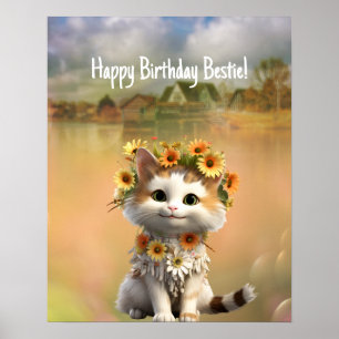 Happy Birthday Bestie Cute Boho Cat Poster