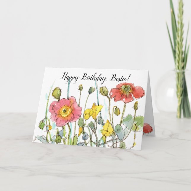 Happy Birthday Bestie Friend Poppy Wildflowers Card (Front)