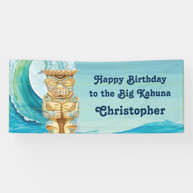 Happy Birthday Big Kahuna Beach Wave Tiki Banner (Horizontal)