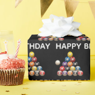 Happy Birthday Billiard Balls on Black Wrapping Paper
