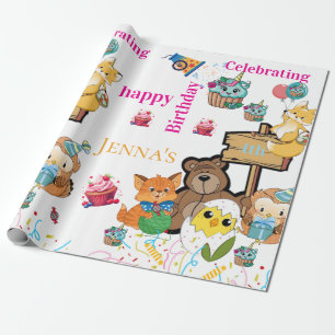 Happy Birthday Bird Fox Cat Chick Wrapping Paper
