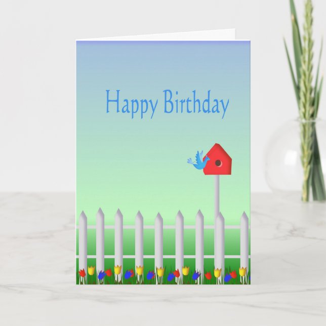 Happy Birthday Birds and Birdhouse Card (Front)