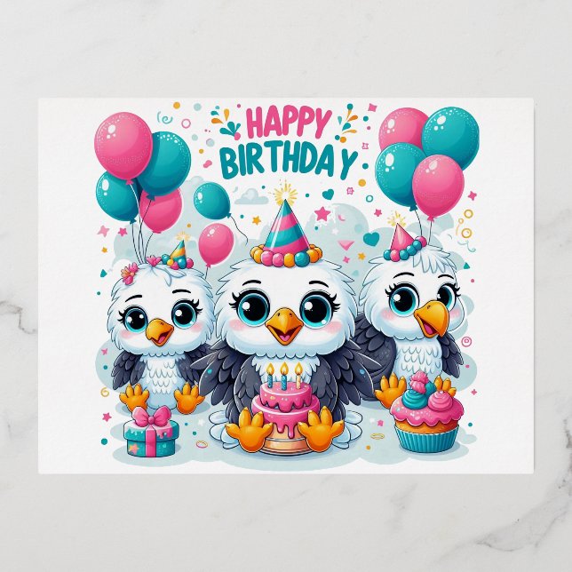 Happy Birthday Birds  Foil Holiday Postcard (Front)