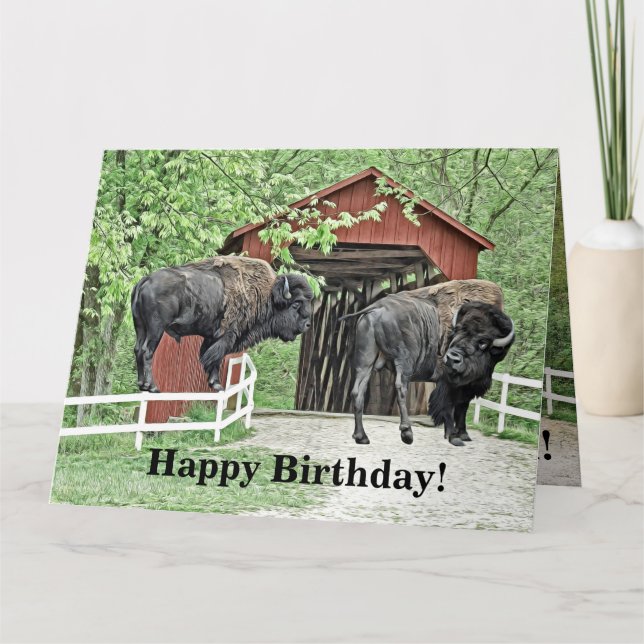 Happy Birthday Bison Bull At The Covered Bridge Card (Front)