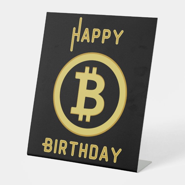 Happy Birthday Bitcoin Gold Pedestal Sign (Front)