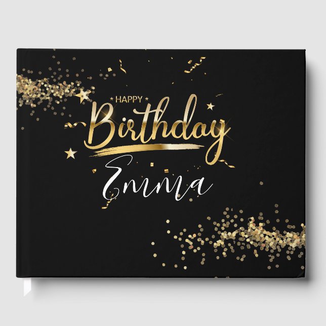 Happy  Birthday black and gold theme   Guest Book (Front)