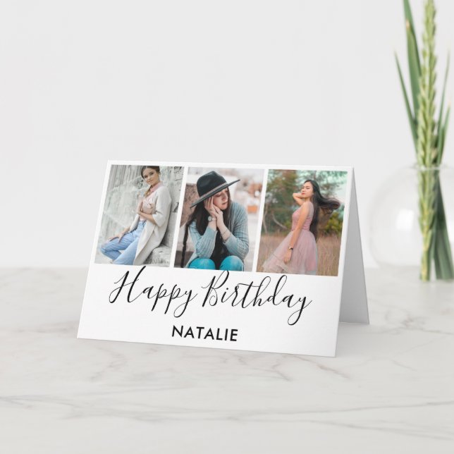 Happy Birthday Black and White 3 Photo Collage Card (Front)