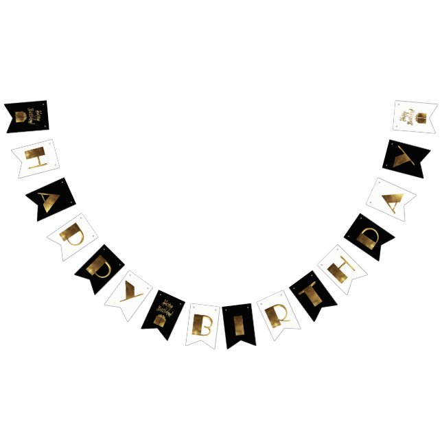 Happy Birthday Black and White Gold Typography Bunting (All)
