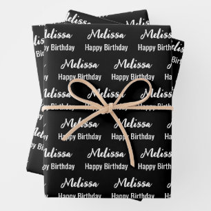 Happy Birthday Black and White Name Pattern Wrapping Paper Sheet