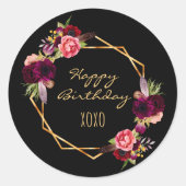 Happy birthday black burgundy floral gold classic round sticker (Front)