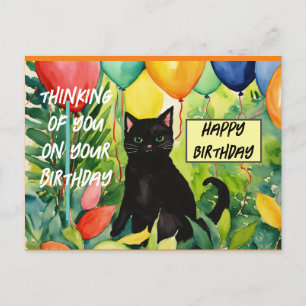 Happy birthday :black cat opening a birthday party invitation postcard
