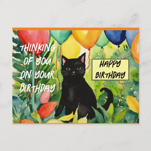 Happy birthday :black cat opening a birthday party postcard (Front)