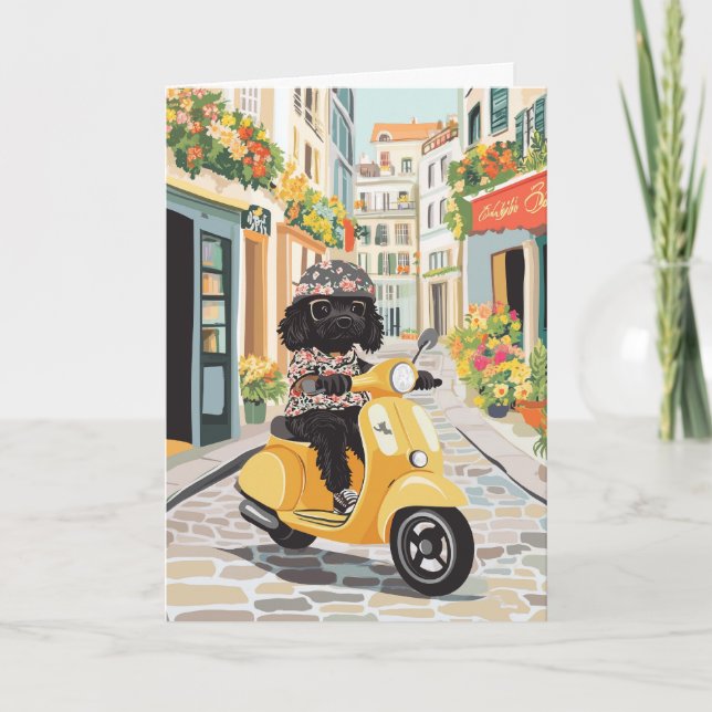Happy Birthday Black Doodle Riding Scooter Card (Front)