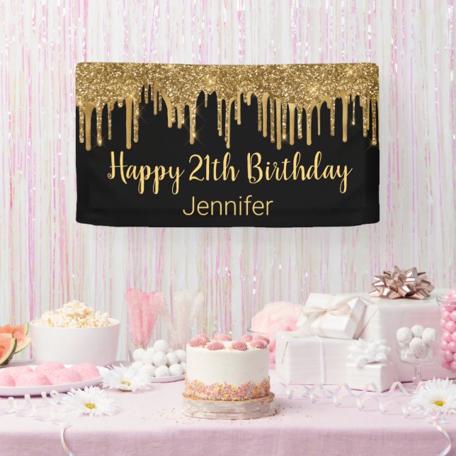 happy birthday black gold dripping glitters chic banner (Party)