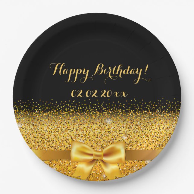 Happy Birthday black gold elegant Paper Plate (Front)