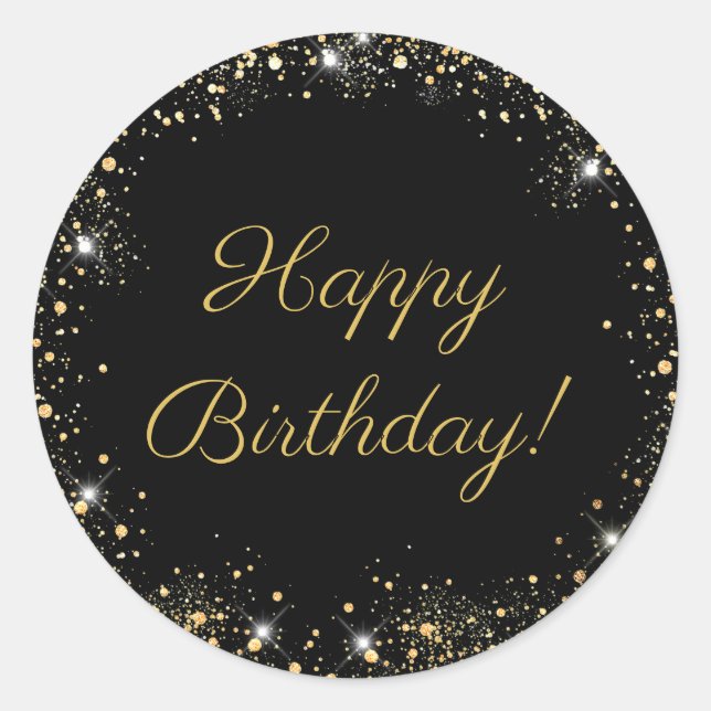 Happy Birthday Black Gold Glitter Classic Round Sticker (Front)