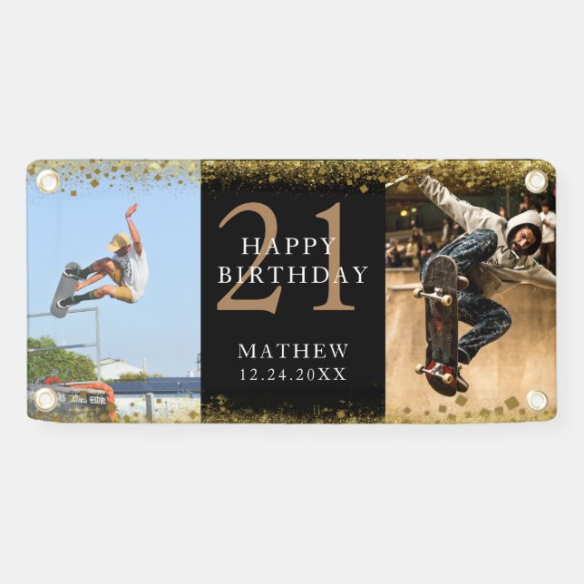 Happy Birthday Black & Gold Glitter Sparkle Party Banner (Horizontal)