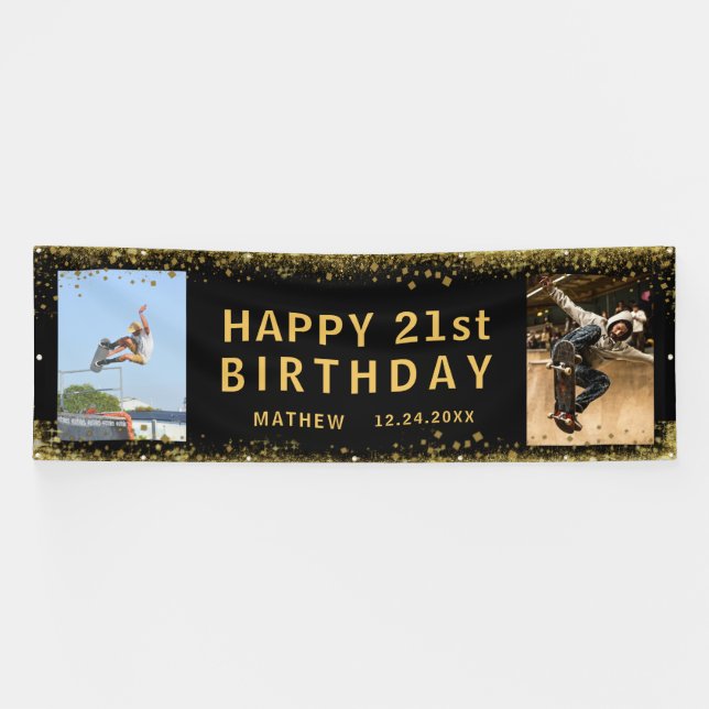 Happy Birthday Black & Gold Glitter Sparkle Party  Banner (Horizontal)