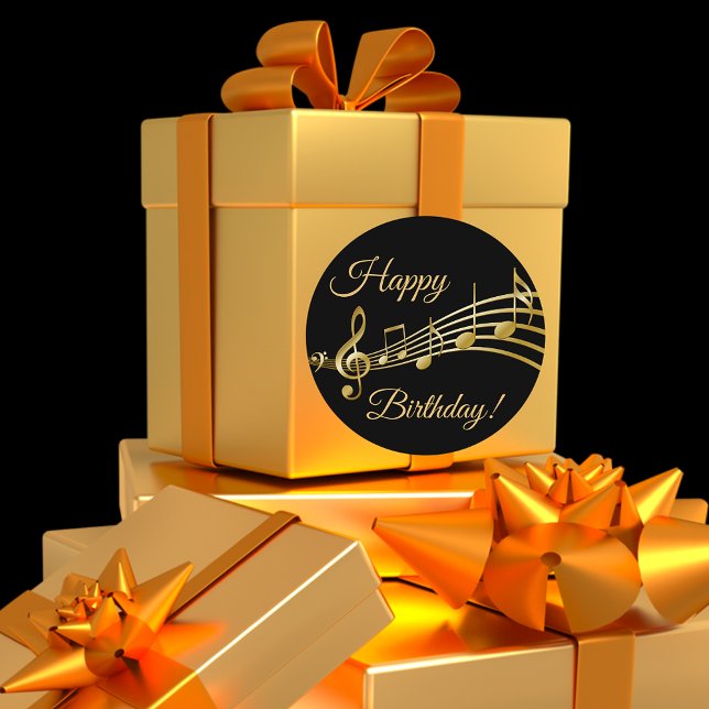 Happy Birthday black gold music notes Classic Round Sticker (Creator Uploaded)
