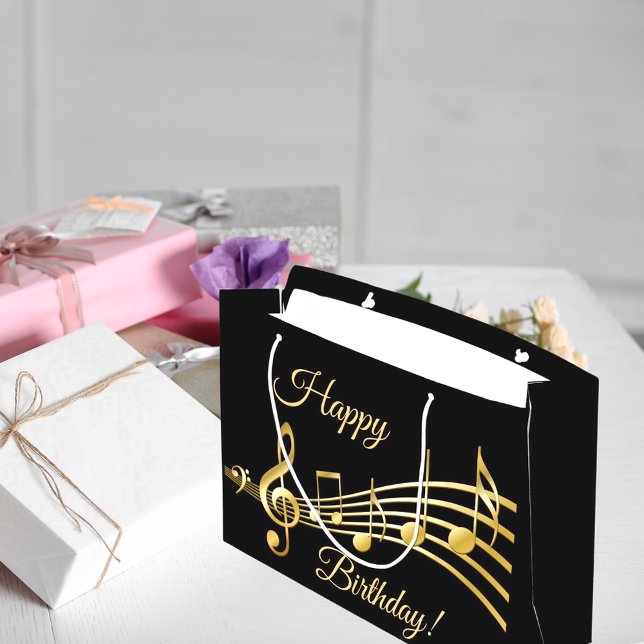 Happy Birthday black gold music notes Large Gift Bag (Creator Uploaded)