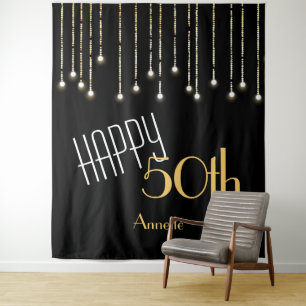 Happy Birthday Black Gold Photo Booth Backdrop Tapestry