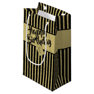 Happy Birthday Black/Gold Simple Stripes Pattern Small Gift Bag
