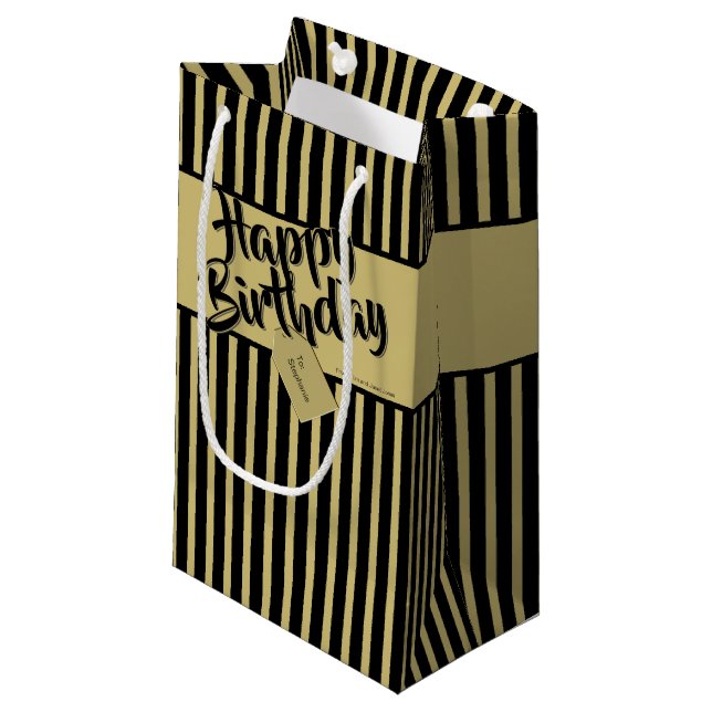 Happy Birthday Black/Gold Simple Stripes Pattern Small Gift Bag (Front Angled)