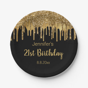 happy birthday black golden dripping glitters  paper plate