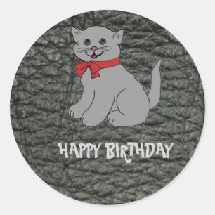 Happy Birthday Black Leather Effect Classic Round Sticker
