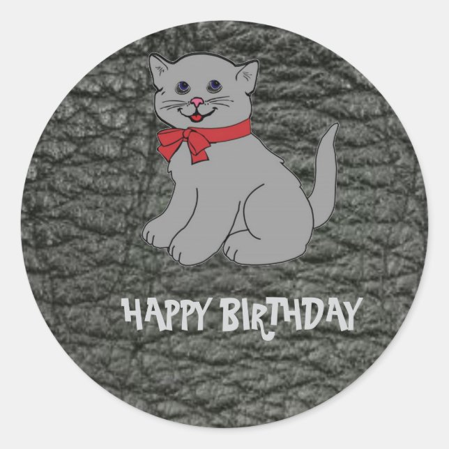 Happy Birthday Black Leather Effect Classic Round Sticker (Front)