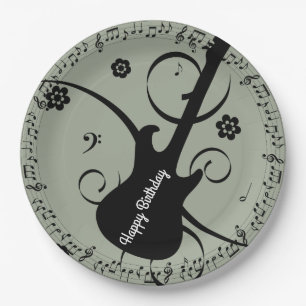 Happy Birthday Black Music Notes Guitar Flowers Paper Plate