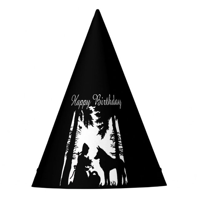 Happy Birthday Black on White Red Riding Hood Wolf Party Hat (Front)