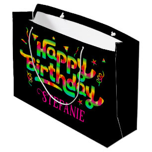 Happy Birthday Black Personalised Name Birthday Large Gift Bag