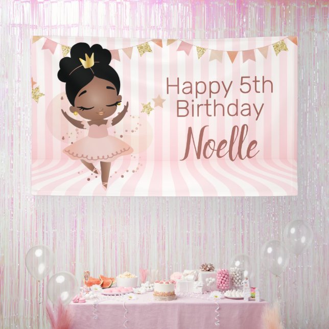 Happy Birthday! Black Princess Ballerina, Stripes Banner (Party)