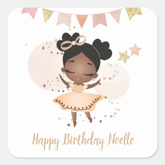 Happy Birthday! Black Princess Ballerina w/Bow Square Sticker (Front)