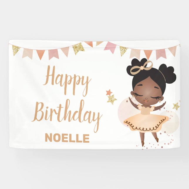 Happy Birthday! Black Princess Ballerina with Bow Banner (Horizontal)