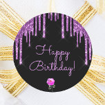 Happy birthday black purple glitter sparkle pink classic round sticker<br><div class="desc">A classic elegant black background decorated with dark purple coloured faux glitter drips,  paint dripping look and a small pink rose.  With the text: Happy Birthday! written with a modern hand lettered style script.  Purple letters.</div>