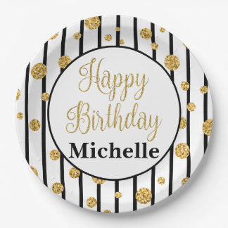 Happy Birthday Black Stripe Gold Glitter Plates