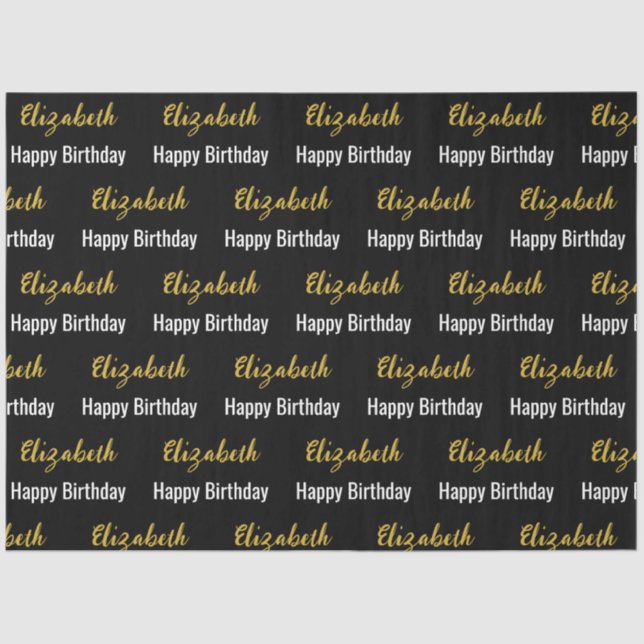 Happy Birthday Black White and Gold Elegant Name Tissue Paper (Front)