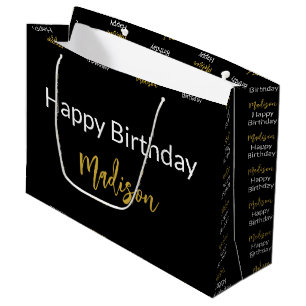 Happy Birthday Black White and Gold Script Name Large Gift Bag