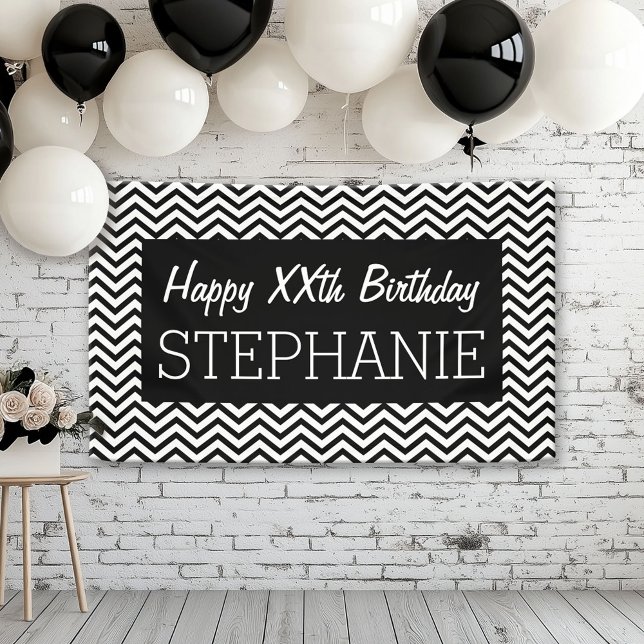 Happy Birthday - Black White Chevrons Custom text Banner (Custom Birthday Banner)