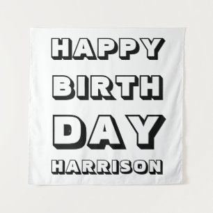 Happy Birthday black white custom name modern fun Tapestry