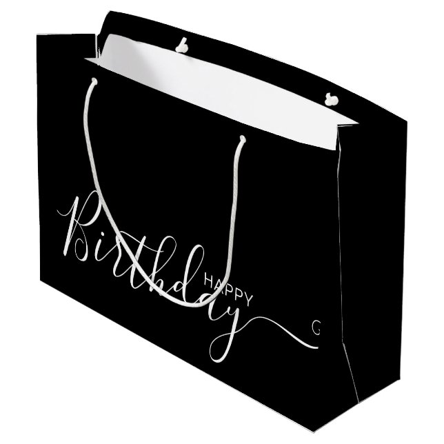 Happy Birthday Black White Elegant Large Gift Bag (Back Angled)