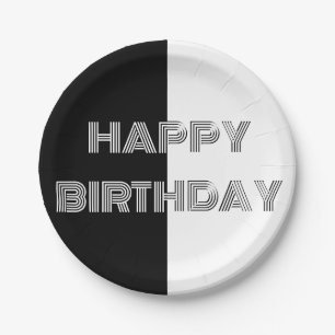 Happy Birthday Black White Op Art Stylish Cool Paper Plate